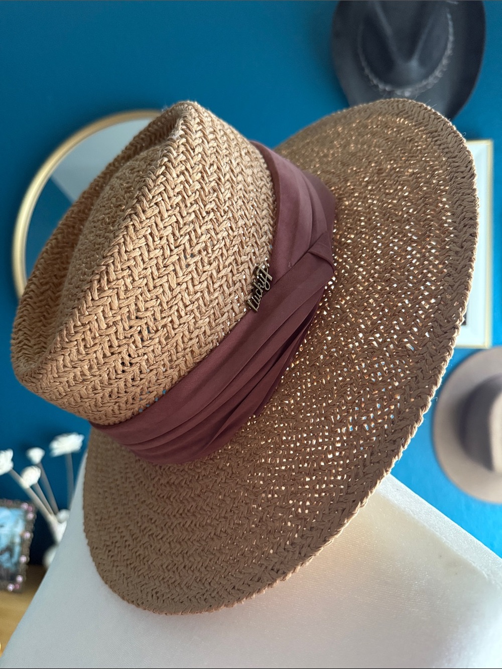 Straw Fedora Hat with Mauve Band